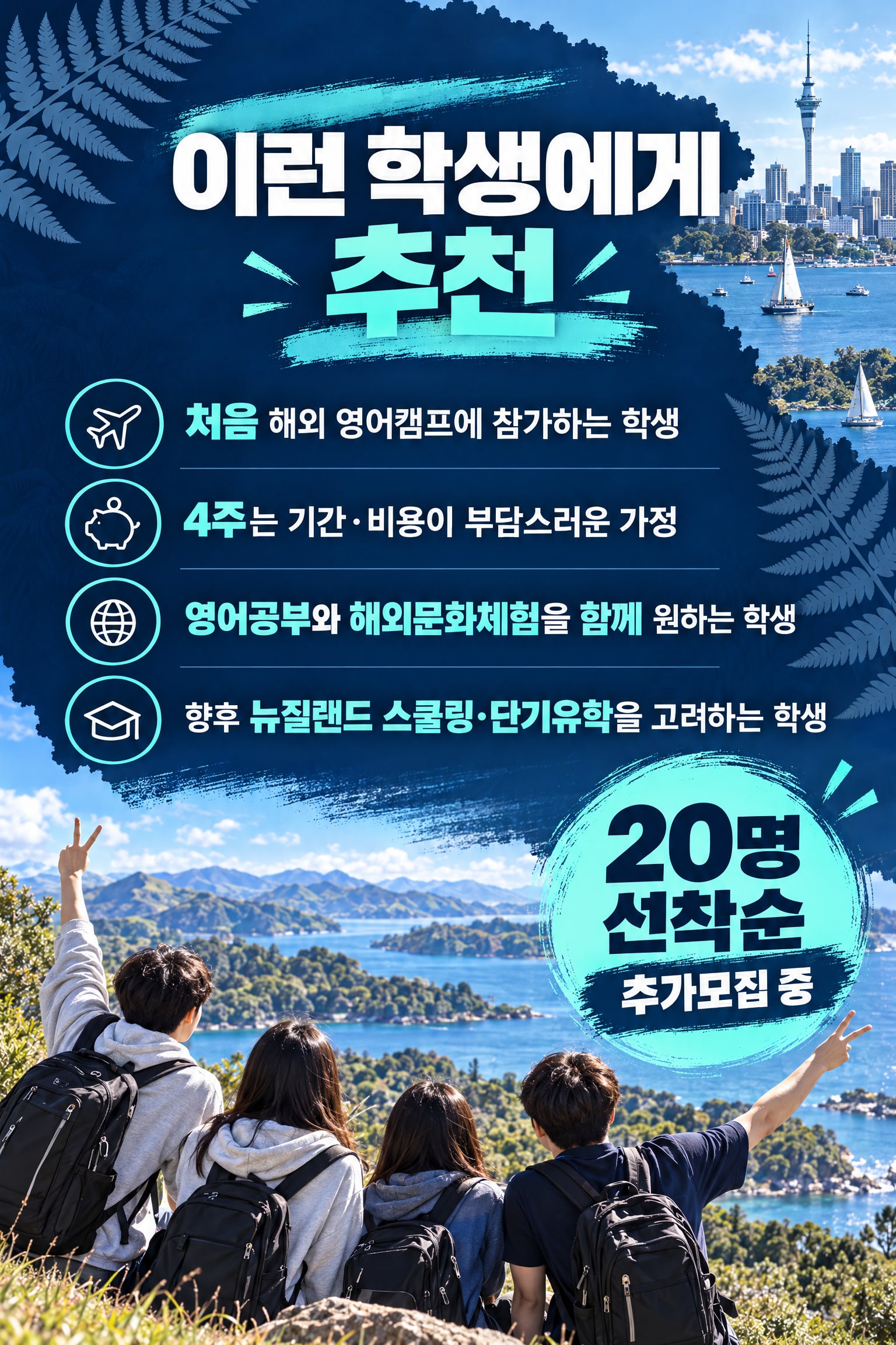 2027 겨울방학 뉴질랜드 2주 Fun English Camp — 오클랜드 영어교육·로토루아·타우포 체험 7/10