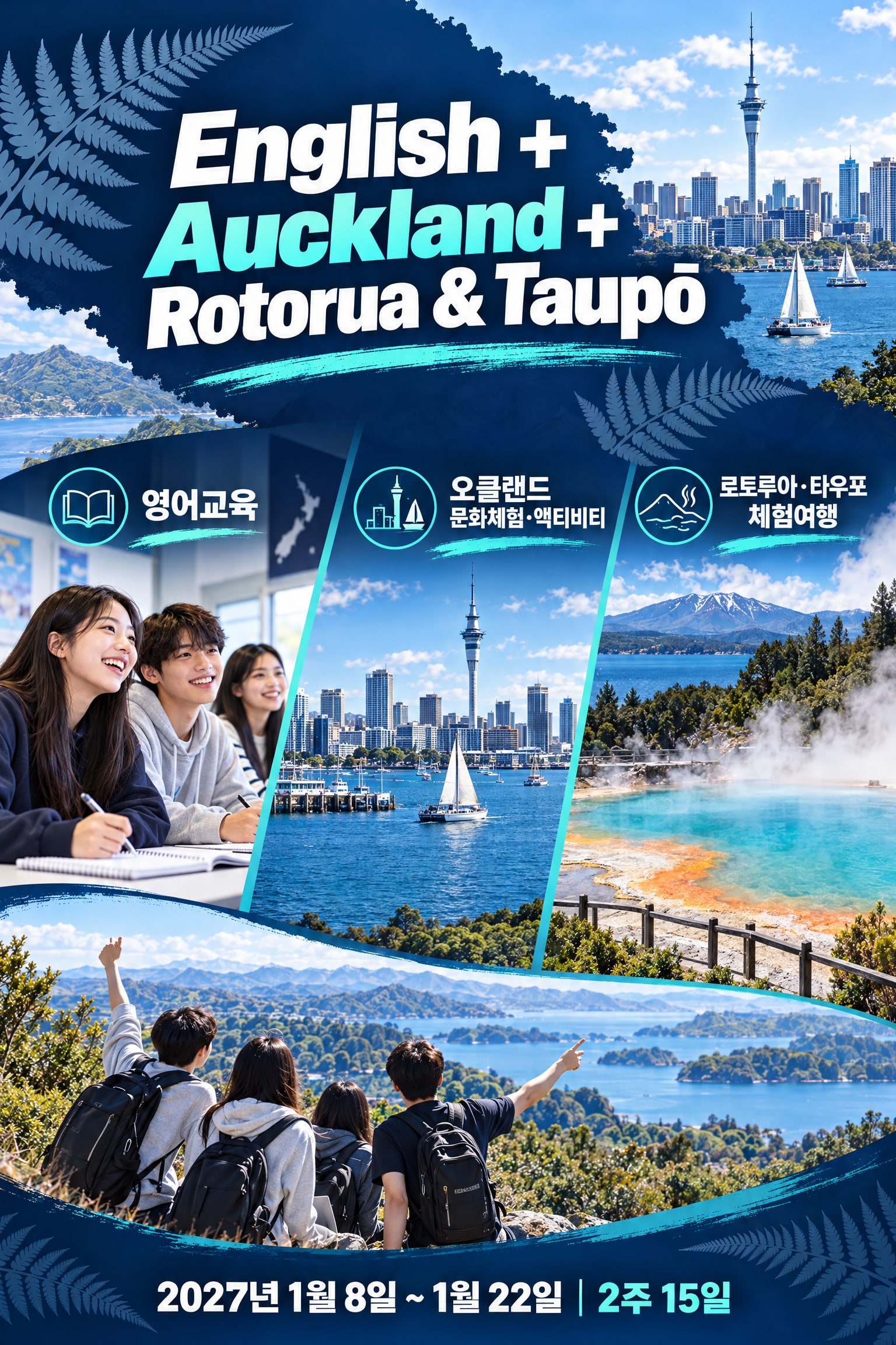 2027 겨울방학 뉴질랜드 2주 Fun English Camp — 오클랜드 영어교육·로토루아·타우포 체험 4/10